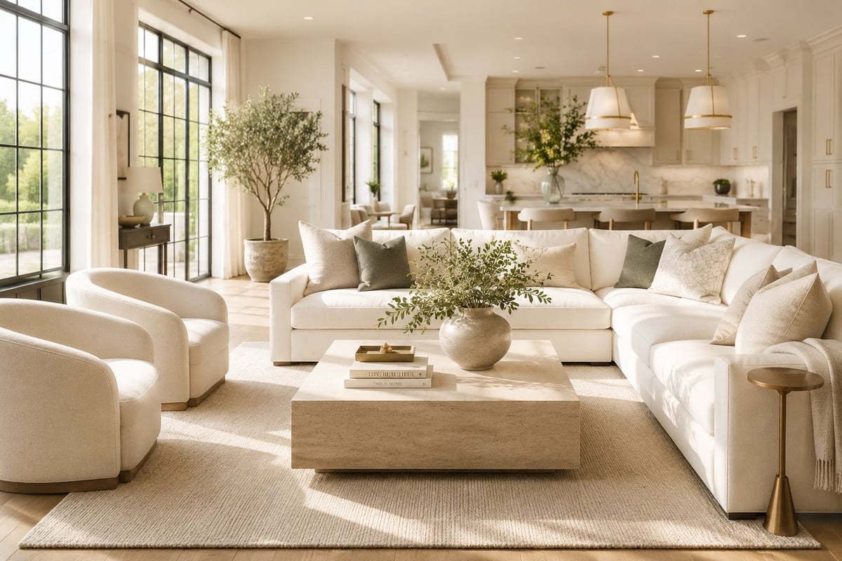 Bright modern living room with cream sectional sofa, curved chairs, light wood coffee table, and abundant natural lighting from large windows